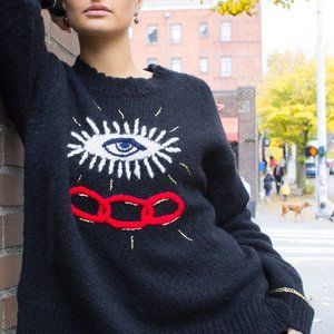 RAQUEL ALLEGRA EMBROIDERED EYE LOVE SWEATER IN BLACK 0 OR XS